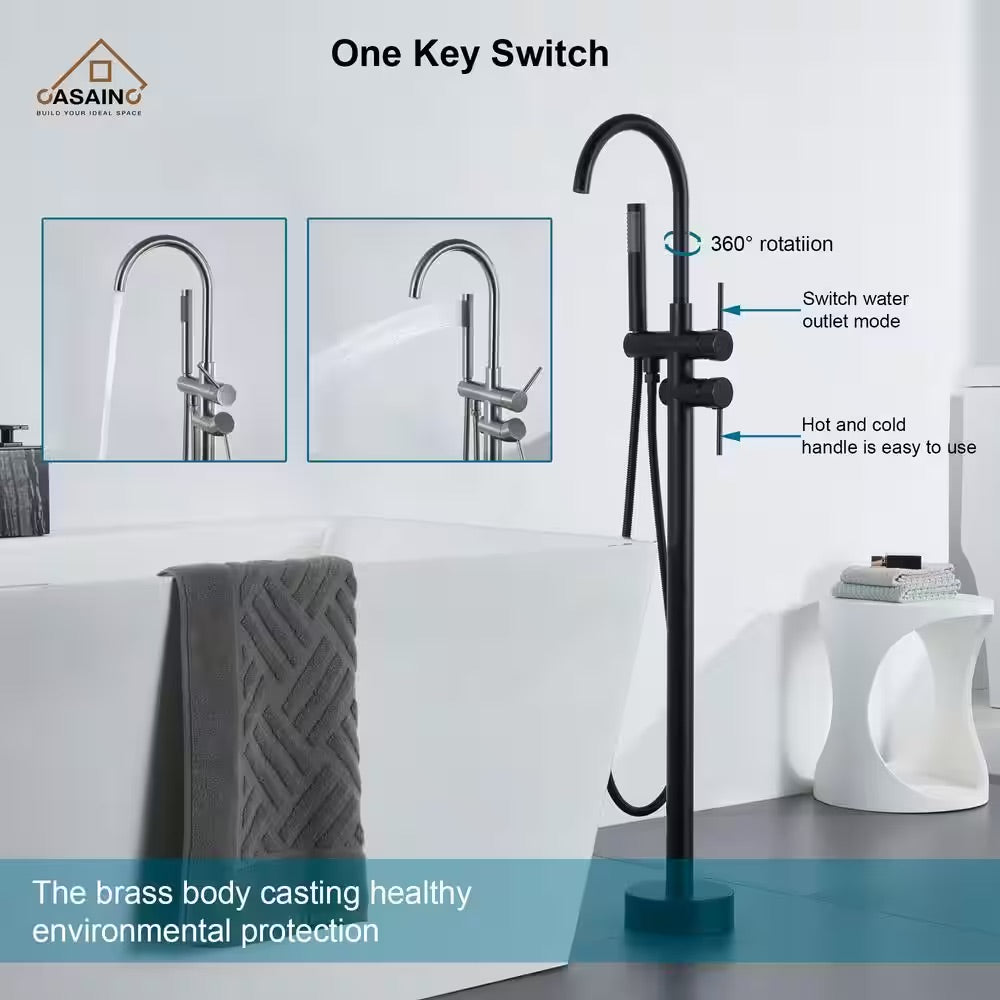 CASAINC 2-Handle Residentail Freestanding Bathtub Faucet with Hand Shower, Matte Black