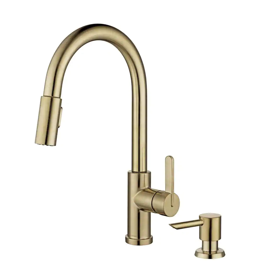 Glacier Bay Paulina Single Handle Pull Down Sprayer Kitchen Faucet with TurboSpray, FastMount and Soap Dispenser in Matte Gold