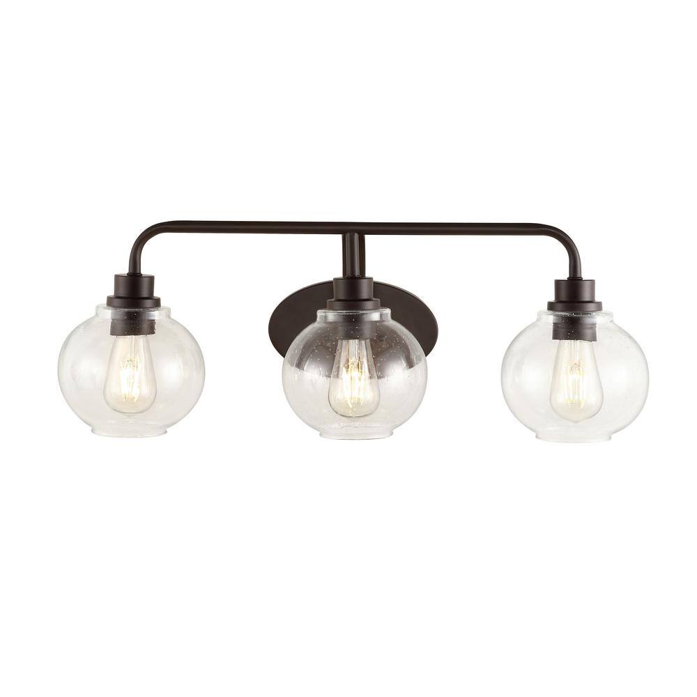 JONATHAN Y Sandrine 26.25 in. 3-Light Oil Rubbed Bronze Iron/Seeded Glass Cottage Rustic LED Vanity Light