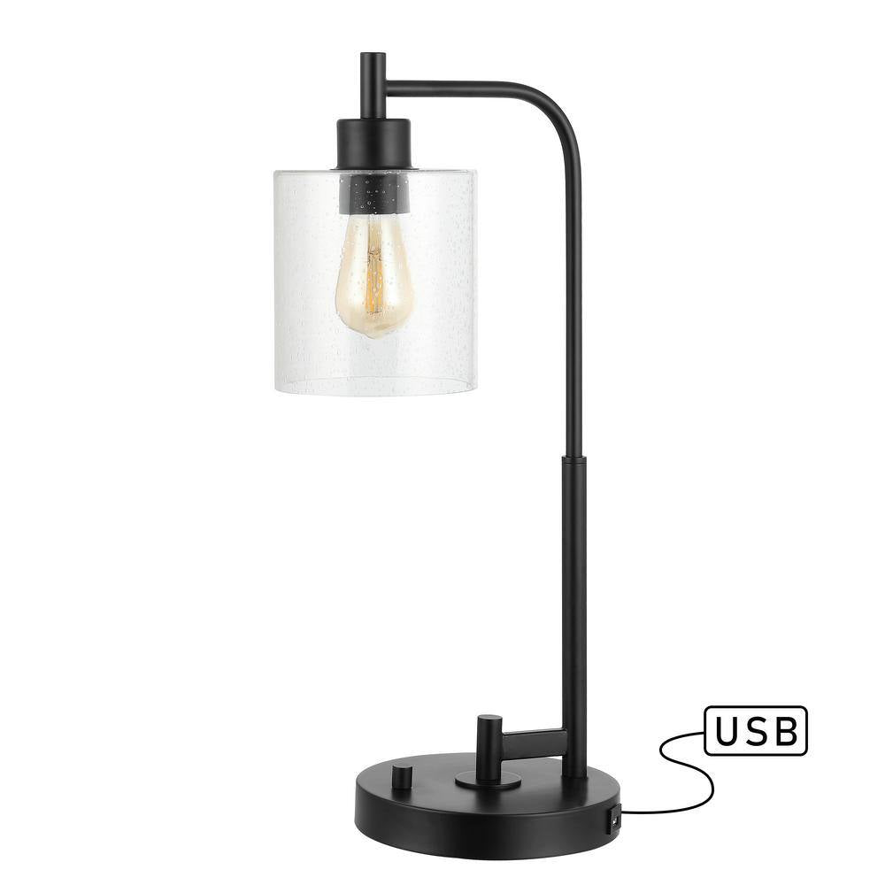 JONATHAN Y Axel Modern 23 in. Black Iron/Seeded Glass Farmhouse Industrial USB Charging LED Task Lamp