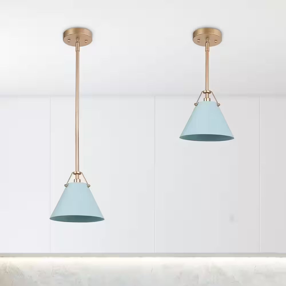 LNC Modern Grey Blue Island Pendant Light with Linear Gold Downrod 1-Light Glam Hanging Ceiling Light for Dining/Living Room