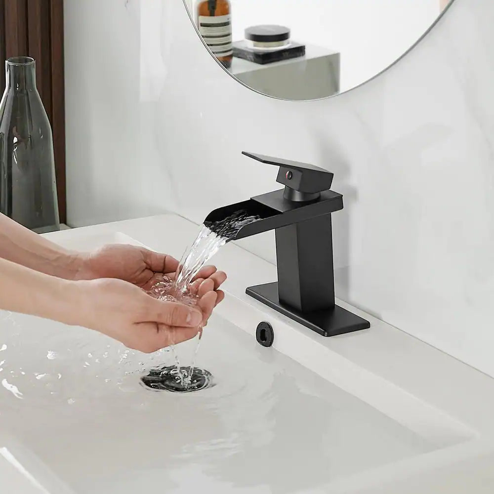 BWE Waterfall Single Hole Single-Handle Low-Arc Bathroom Faucet With Pop-up Drain Assembly in Matte Black