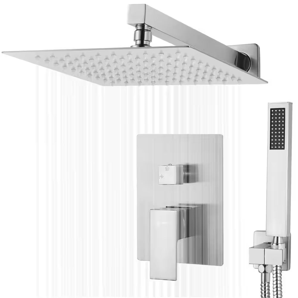 AKDY Square, wall-mounted fixed rain shower faucet, handheld shower combo, in Brushed Stainless Steel