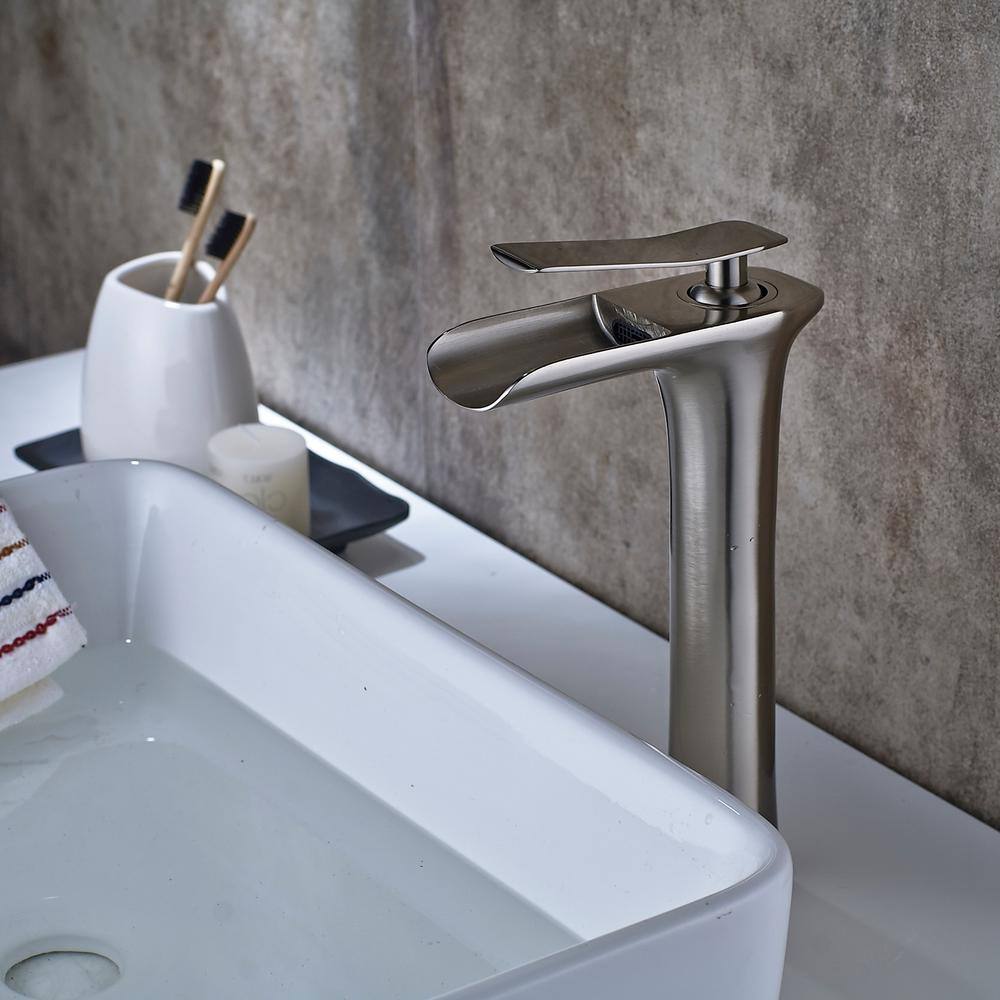 Fapully Waterfall Vessel sink Bathroom Faucet, Single Hole Single-Handle Bathroom Faucet in Brushed Nickel
