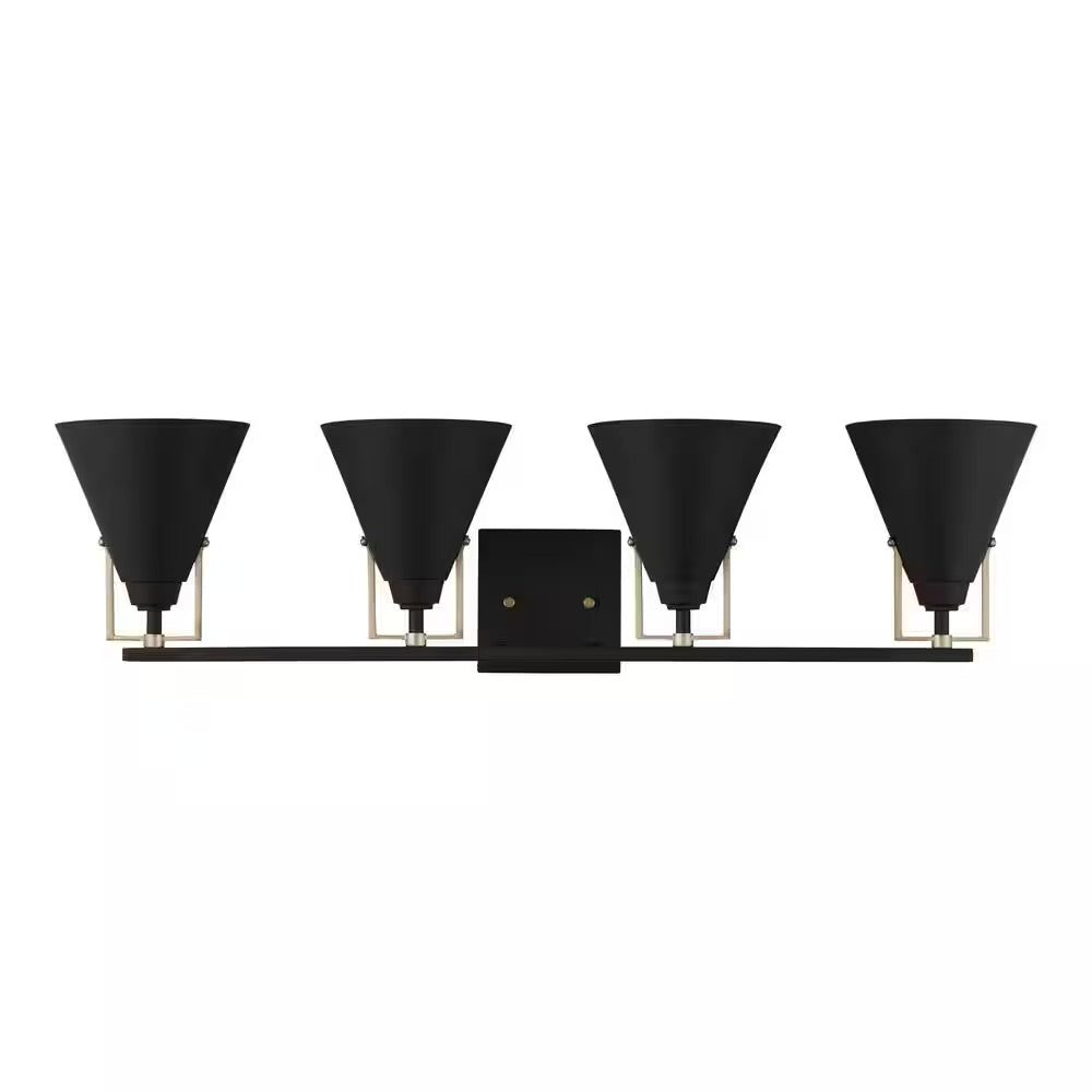 Home Decorators Collection Insdale 4-Light Matte Black Modern Bathroom Vanity with Satin Brass Accents