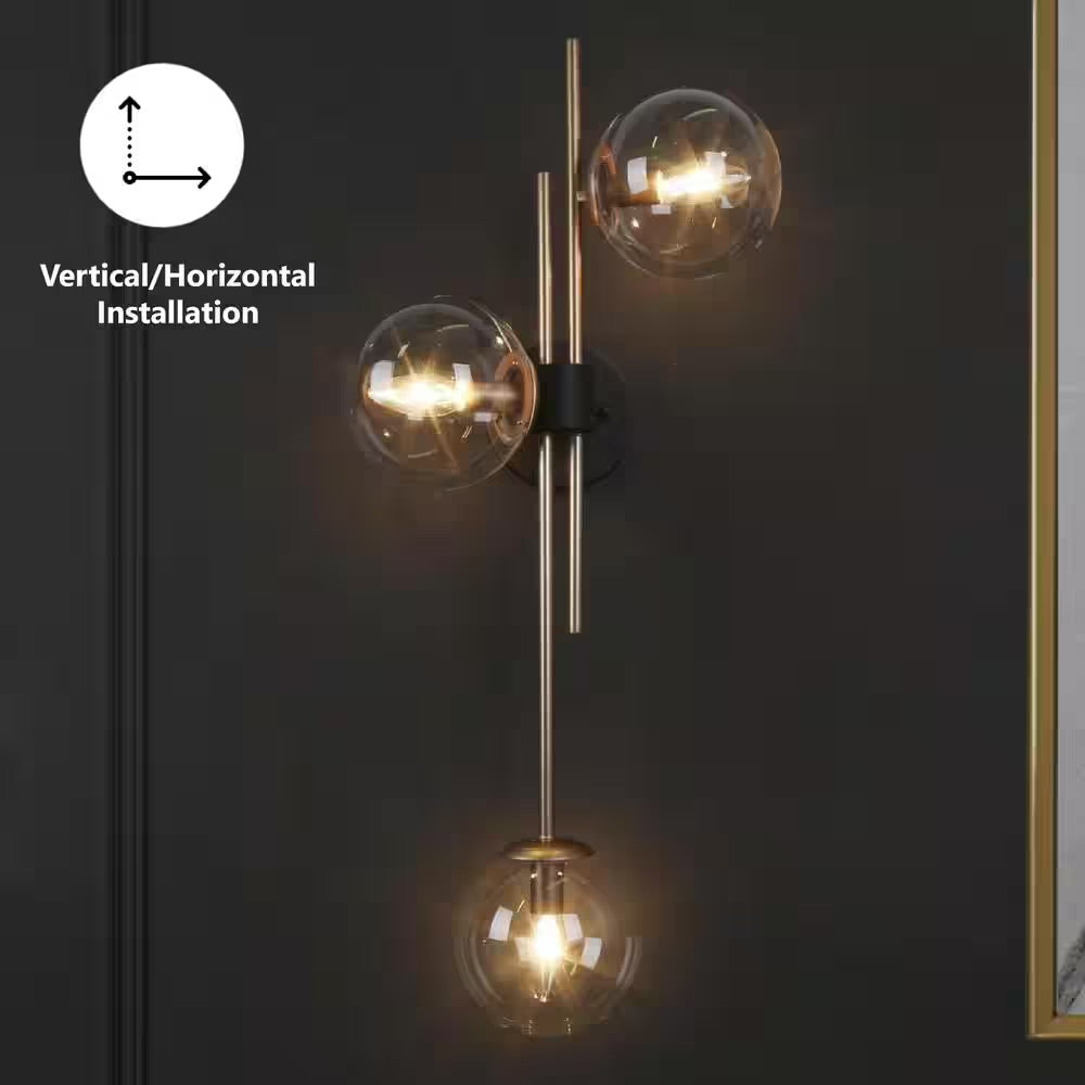 LNC Modern Gold Bathroom Vanity Light with Globe Clear Glass Shades, 3-Light Black Wall Sconce for Bedroom Living Room Entry
