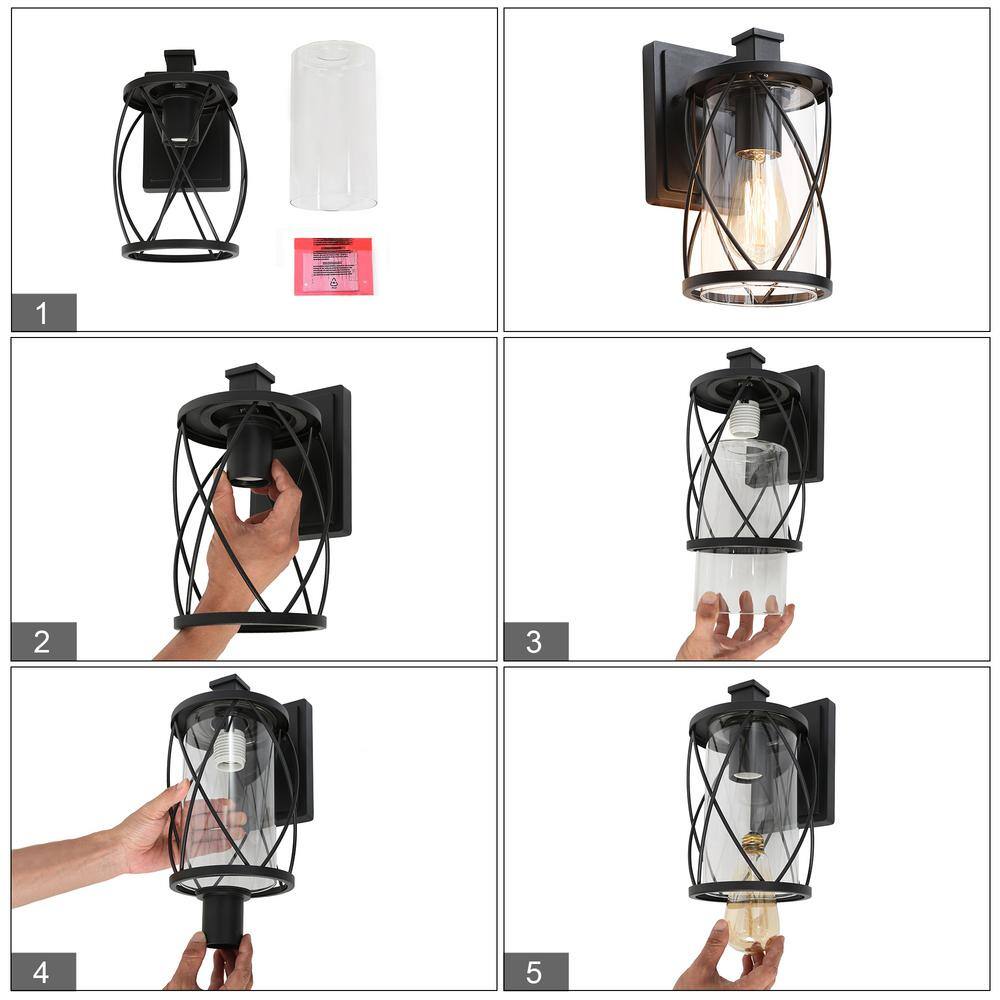 Uolfin Modern Drum Outdoor Wall Light TORA 1-Light Matte Black Cage Outdoor Wall Lantern with Clear Glass Shade (1-Pack)