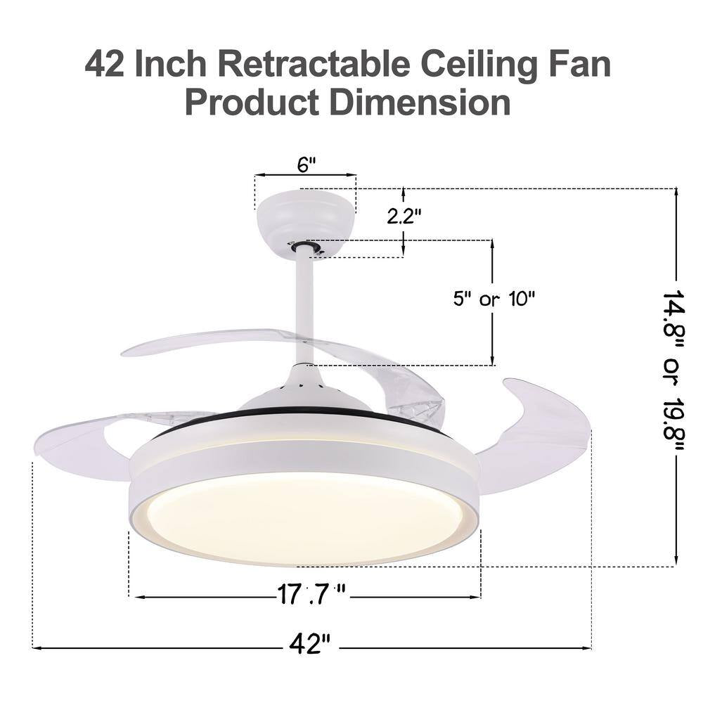 Oaks Aura Wellington 42 in. LED Indoor Invisible White Modern Ceiling Fan with Light and Remote Control, Retractable Blades
