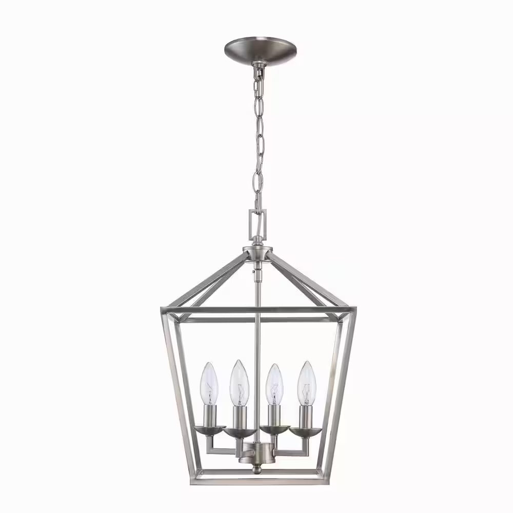 Home Decorators Collection Weyburn 4-Light Brushed Nickel Caged Farmhouse Chandelier for Dining Room, Lantern Kitchen Light