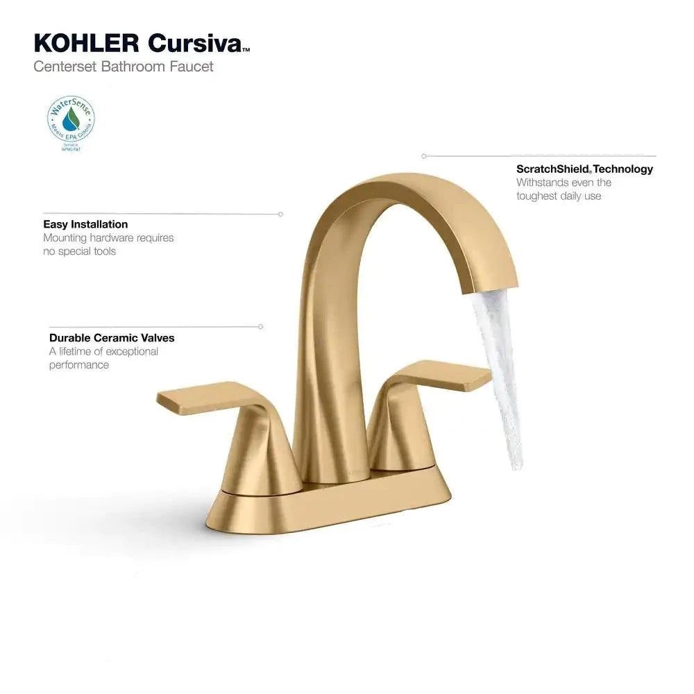 KOHLER Cursiva 4 in. Centerset Double Handle Bathroom Faucet in Vibrant Brushed Moderne Brass