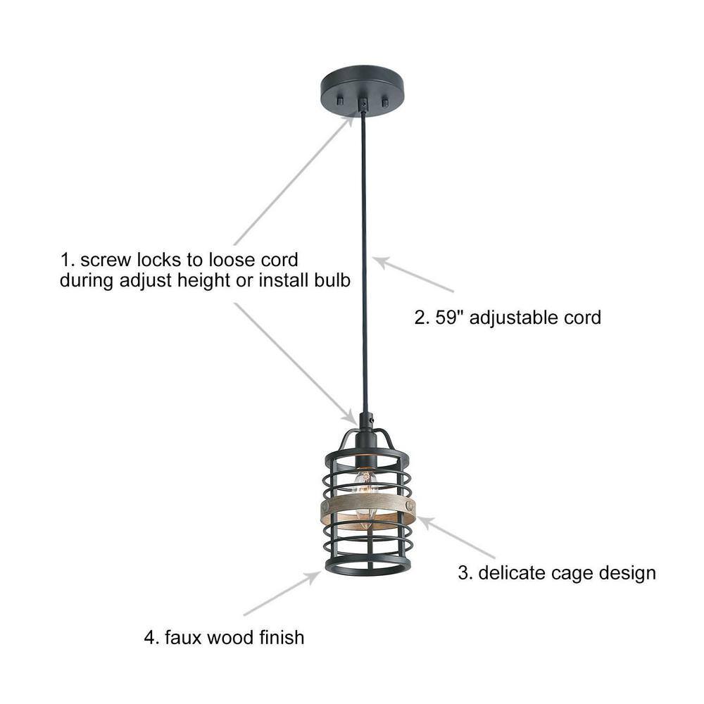 LNC 1-Light Black Industrial Open Cage Modern Farmhouse Island Lantern Drum Pendant with Faux Wood Accents LED Compatible