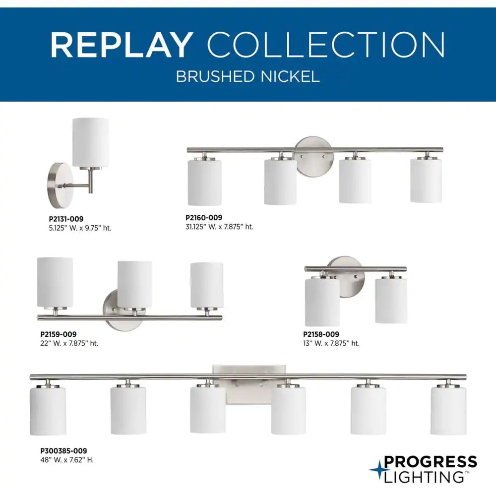 Progress Lighting Replay Collection 13 in. 2-Light Brushed Nickel Etched White Glass Modern Bathroom Vanity Light