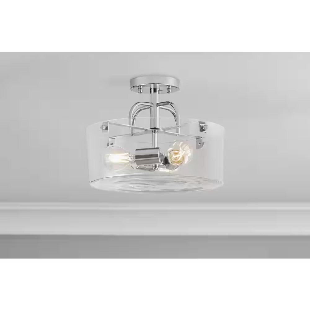 Home Decorators Collection Shirwell 13.5 in. 3-Light Chrome Round Semi-Flush Mount, Modern Ceiling Light with Clear Glass Drum Shade