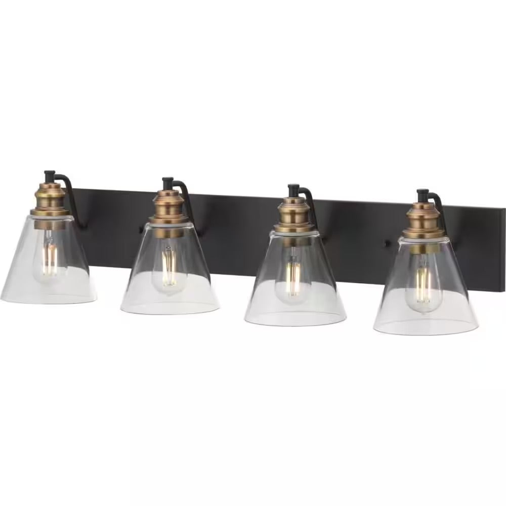 Hampton Bay Manor 33 in. 4-Light Matte Black Industrial Bathroom Vanity Light with Vintage Brass Accents and Clear Glass Shades