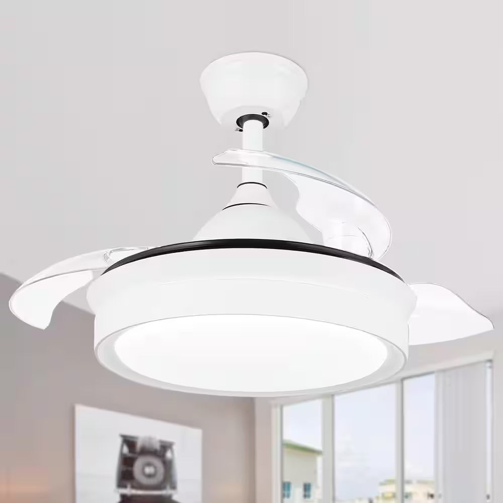Oaks Aura Wellington 42 in. LED Indoor Invisible White Modern Ceiling Fan with Light and Remote Control, Retractable Blades