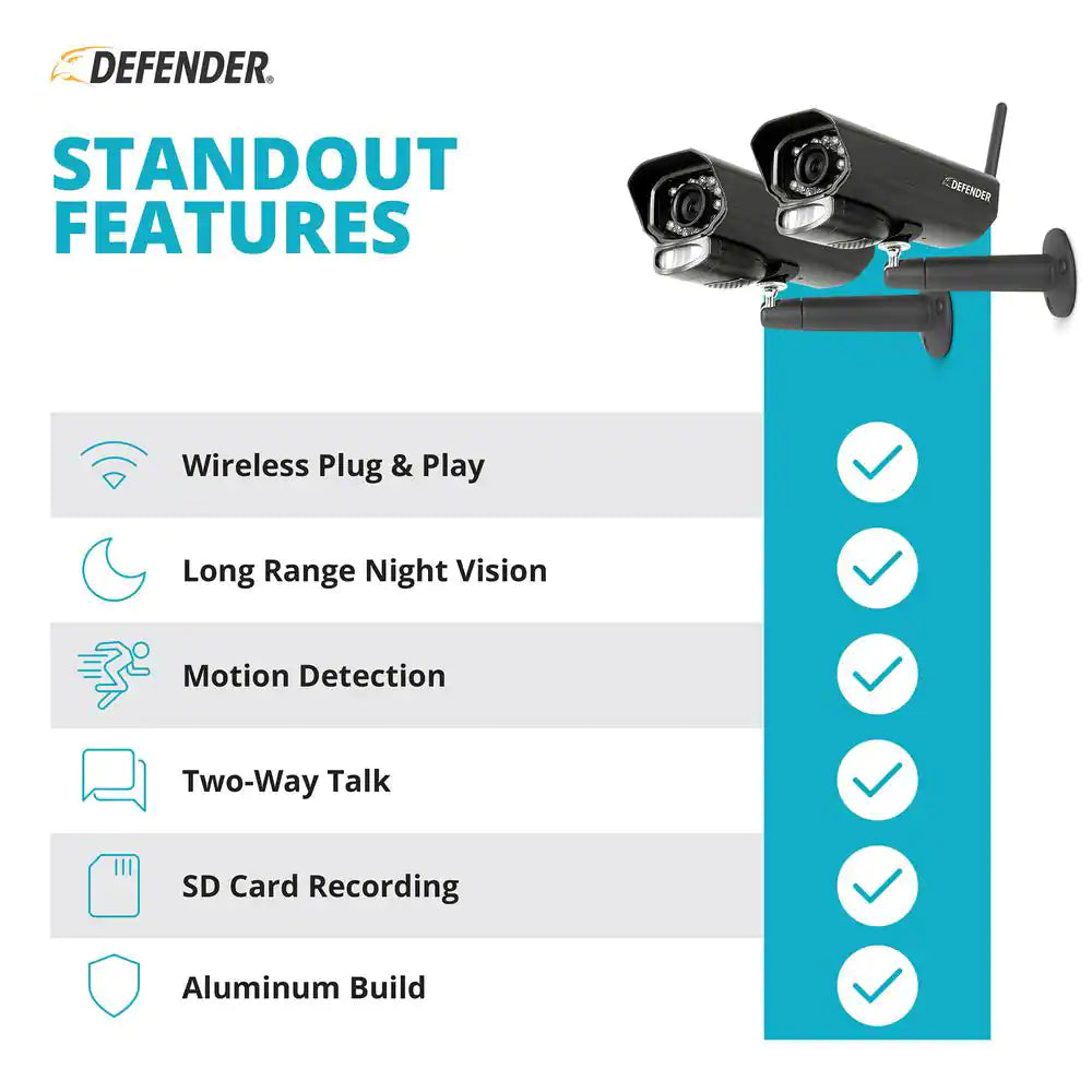 Defender PHOENIXM2 Non-Wi-Fi. Plug-In Power Security Camera System with 7" Monitor SD Card Recording and 2 Night Vision Cameras