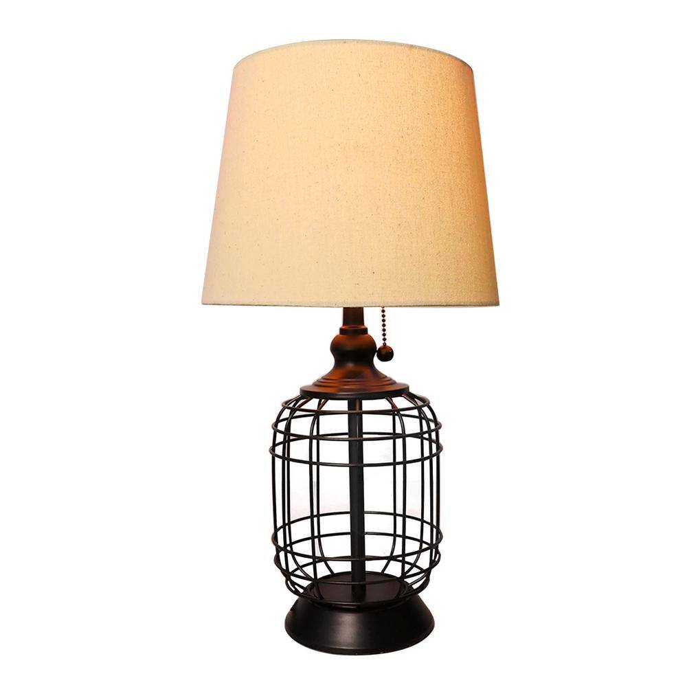 Merra 18 in. Black Cage Table Lamp with Oatmeal Linen Shade