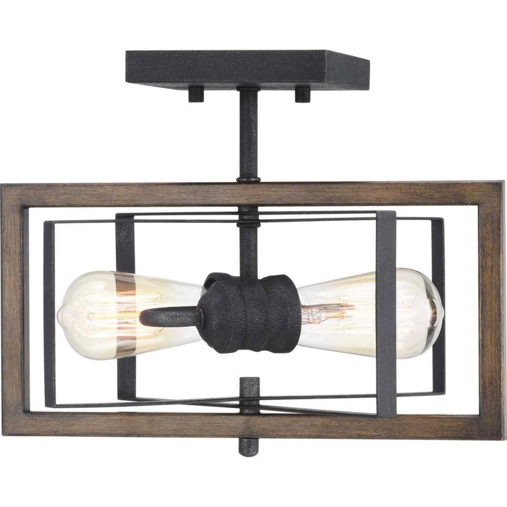 Home Decorators Collection Palermo Grove 2-Light Gilded Iron Semi-Flush Mount, Rustic Farmhouse Ceiling Light with Walnut Wood Accents