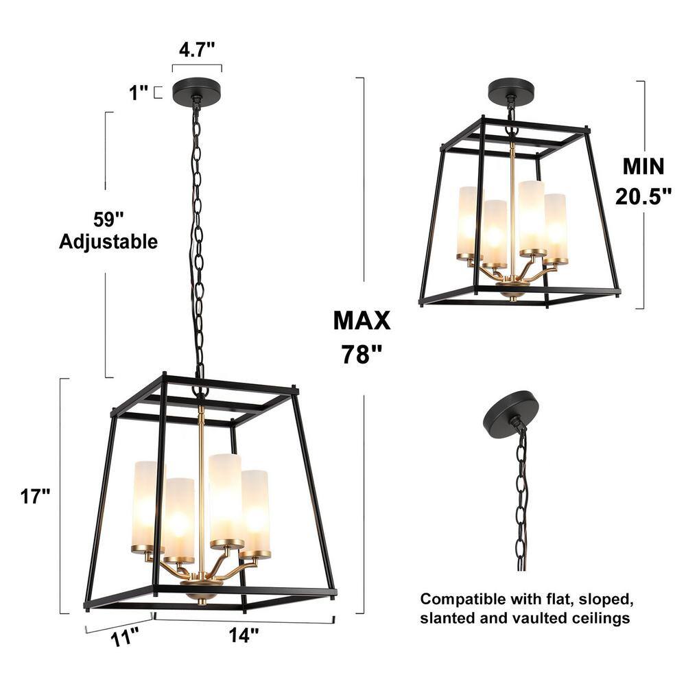 Zevni Classic 4-Light Black Square Chandelier with Frosted Glass Shades, Transitional Pendant Light for Bedroom