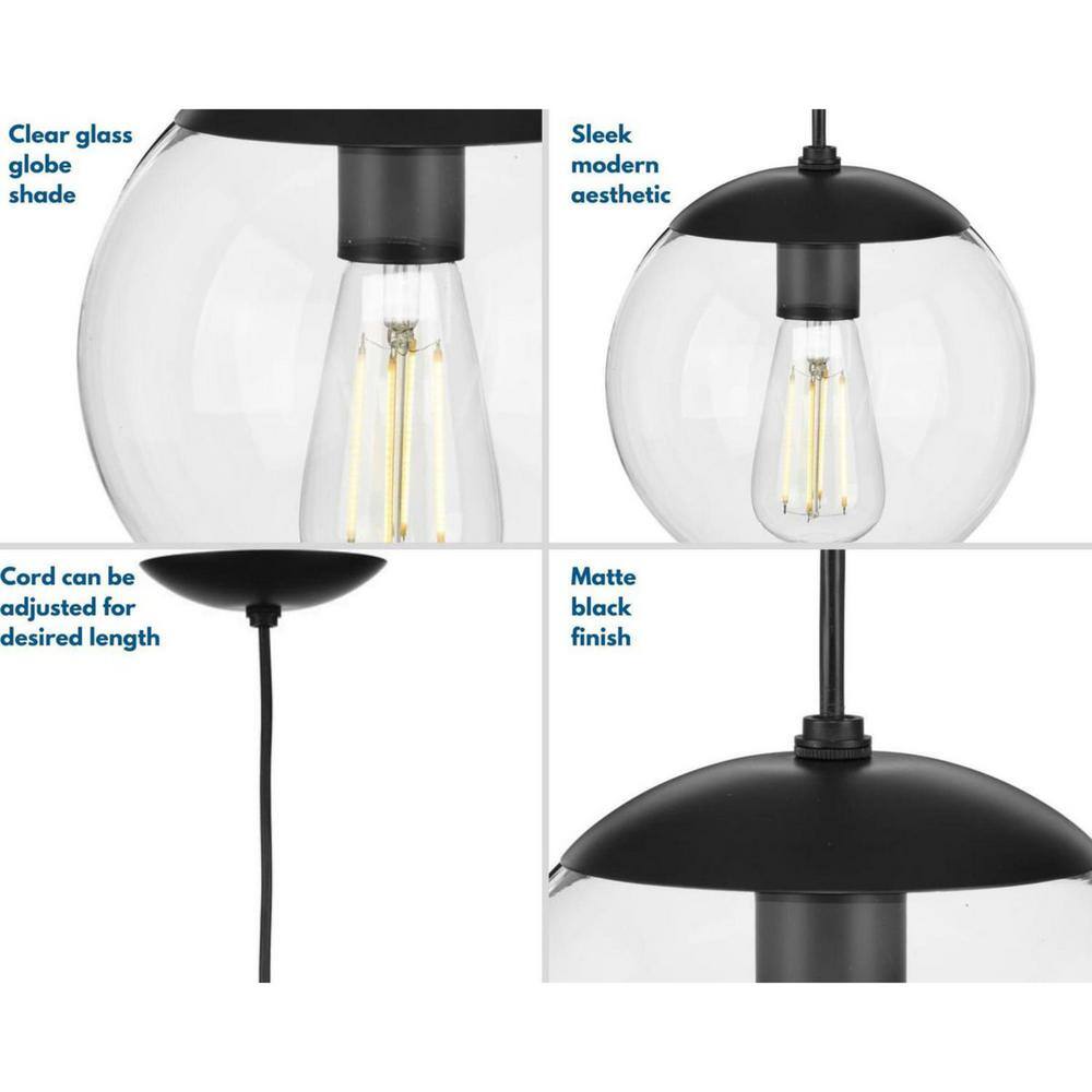 Progress Lighting Atwell 1-Light Matte Black Clear Glass Globe Modern Large Pendant Hanging Light