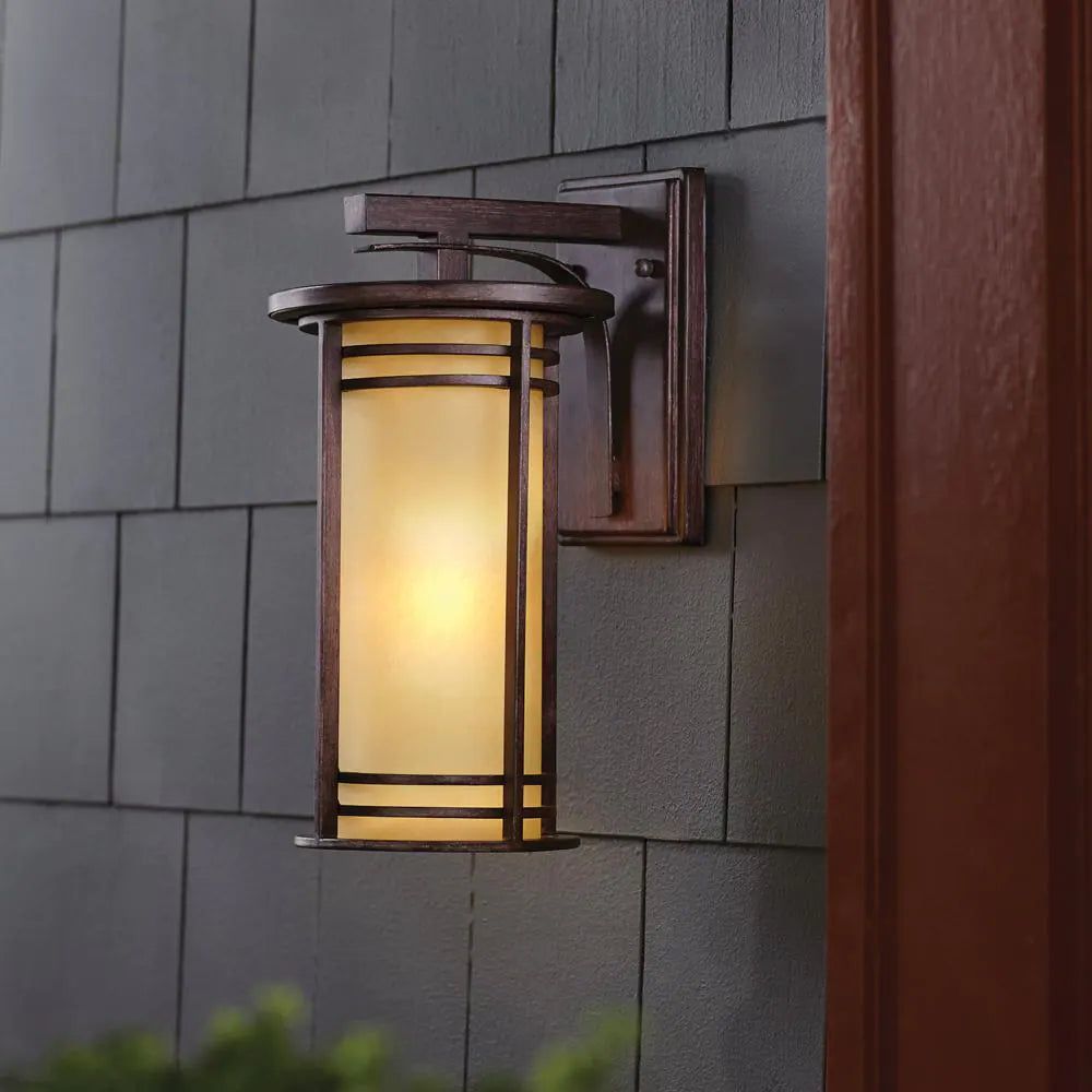 Home Decorators Collection 15 in. 1-Light Bronze Outdoor Wall Lantern Sconce with Amber Glass