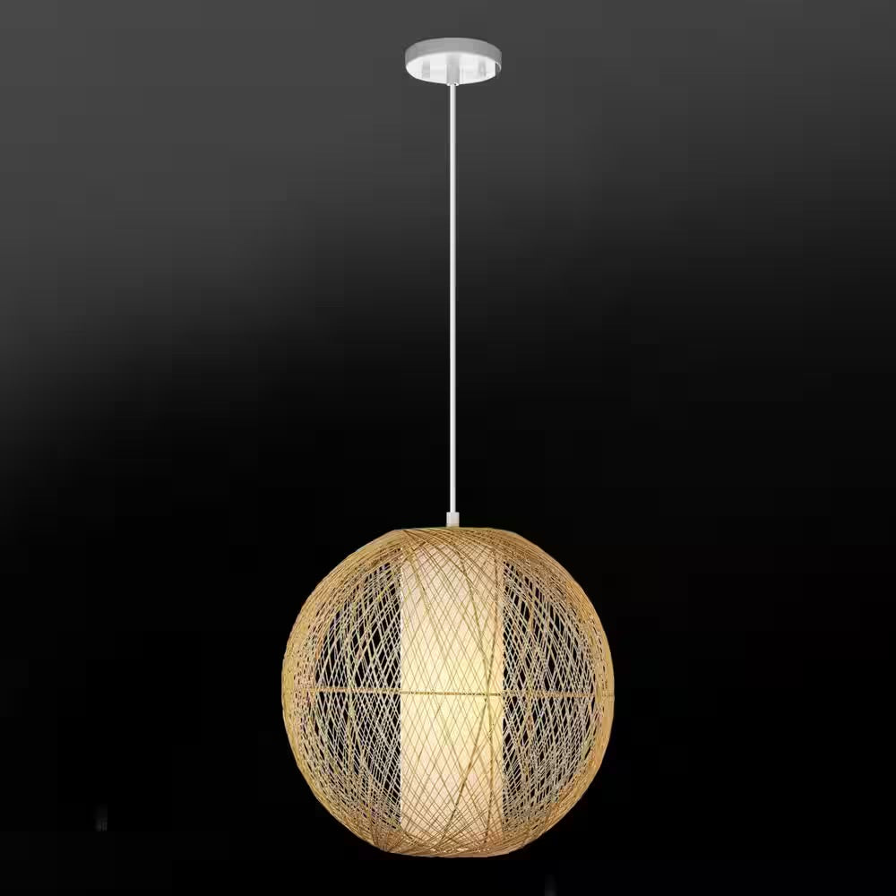 Globe Electric 1-Light White Pendant with Natural Rattan Shade and Designer White Cloth Cord, Vintage Incandescent Bulb Included