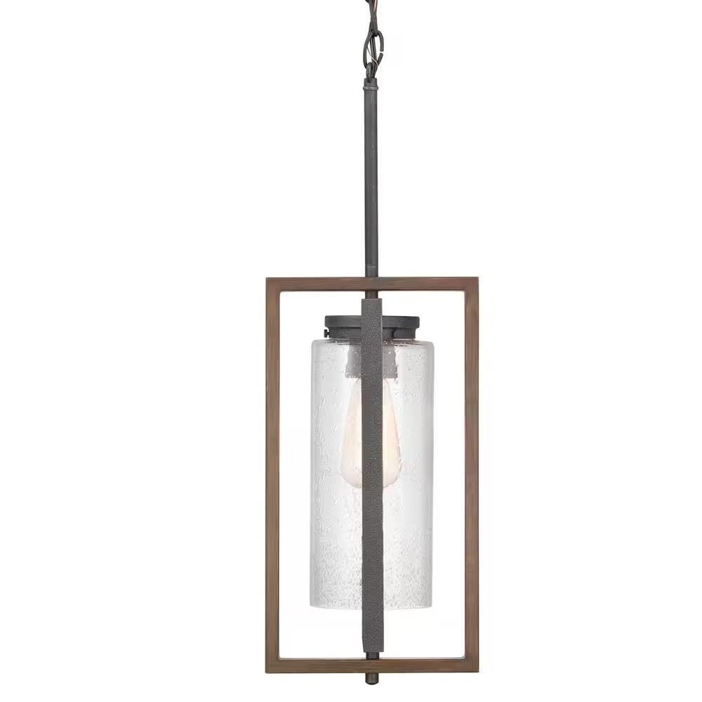 Home Decorators Collection Palermo Grove 8 in. 1-Light Gilded Iron Farmhouse Hanging Outdoor Lantern with Walnut Wood Accents
