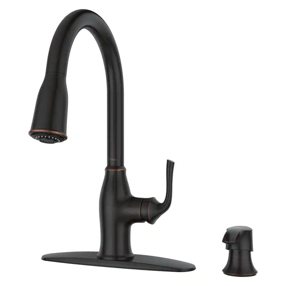 Pfister Rosslyn Single-Handle Pull-Down Sprayer Kitchen Faucet with Soap Dispenser in Tuscan Bronze