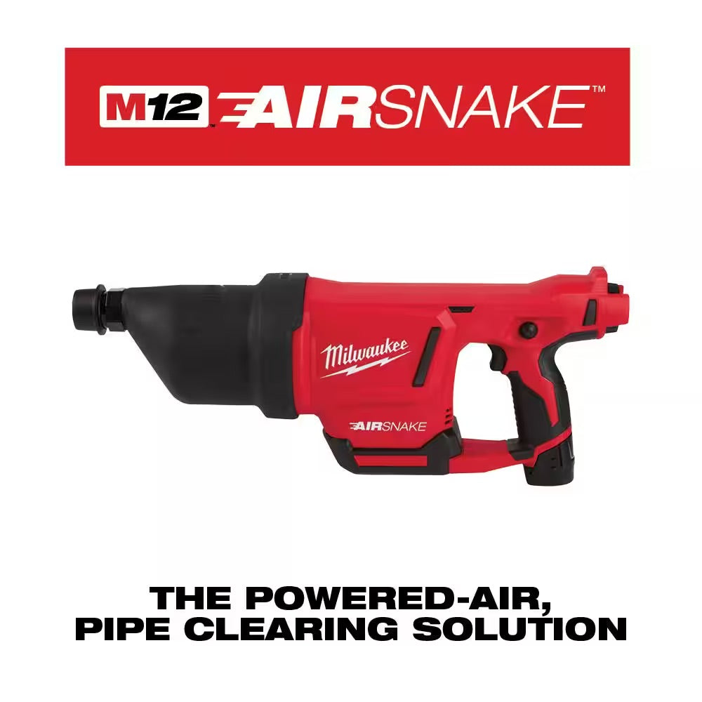 Milwaukee M12 12-Volt Lithium-Ion Cordless Drain Cleaning Airsnake Air Gun Kit with (1) 2.0Ah Battery, Toilet Attachments