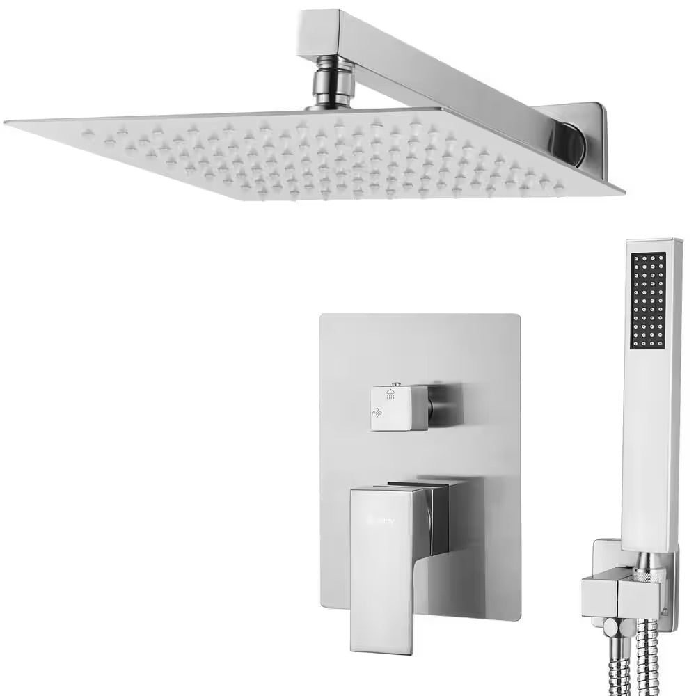 AKDY Square, wall-mounted fixed rain shower faucet, handheld shower combo, in Brushed Stainless Steel