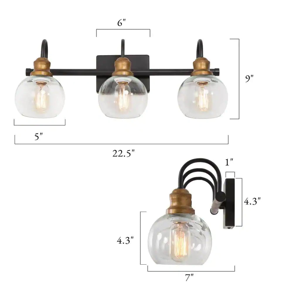 LNC 22 in. 3-Light Modern Aged Brass and Black Bathroom Vanity Light with Clear Glass Globe Shades