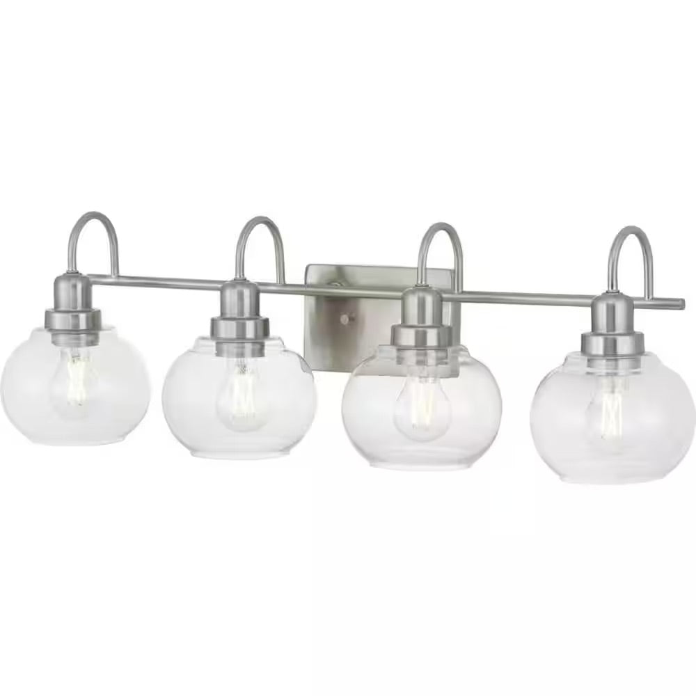 Home Decorators Collection Halyn 31.375 in. 4-Light Brushed Nickel Bathroom Vanity Light with Clear Glass Shades