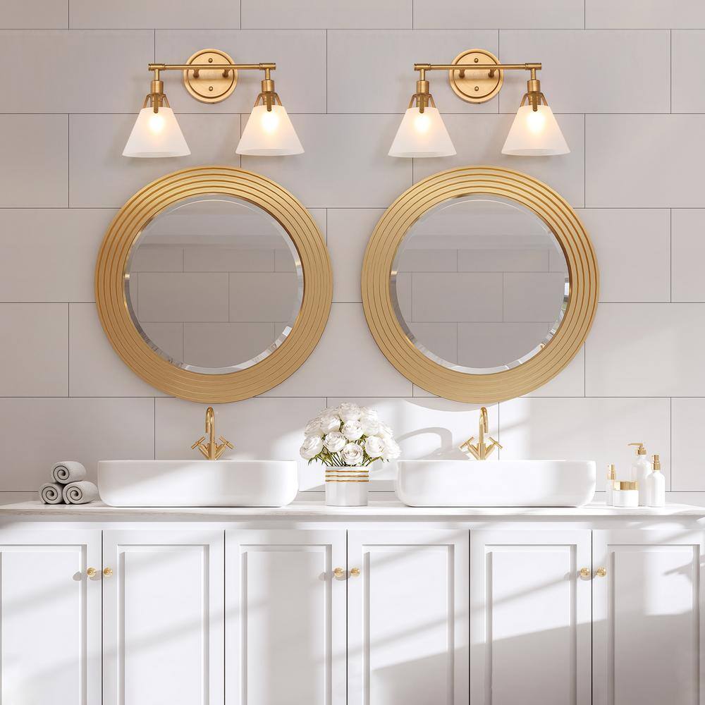 LNC Modern Dimmable Gold Vanity Light with White Frosted Glass Shades, Classic 15.5 in. 2-Light Vintage Bathroom Wall Sconce