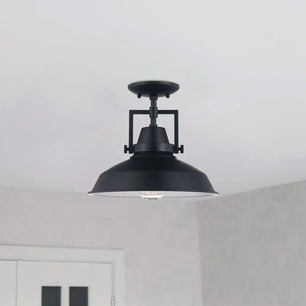 Hampton Bay Wilhelm 12 in. 1-Light Black Farmhouse Semi-Flush Mount Kitchen Ceiling Light Fixture