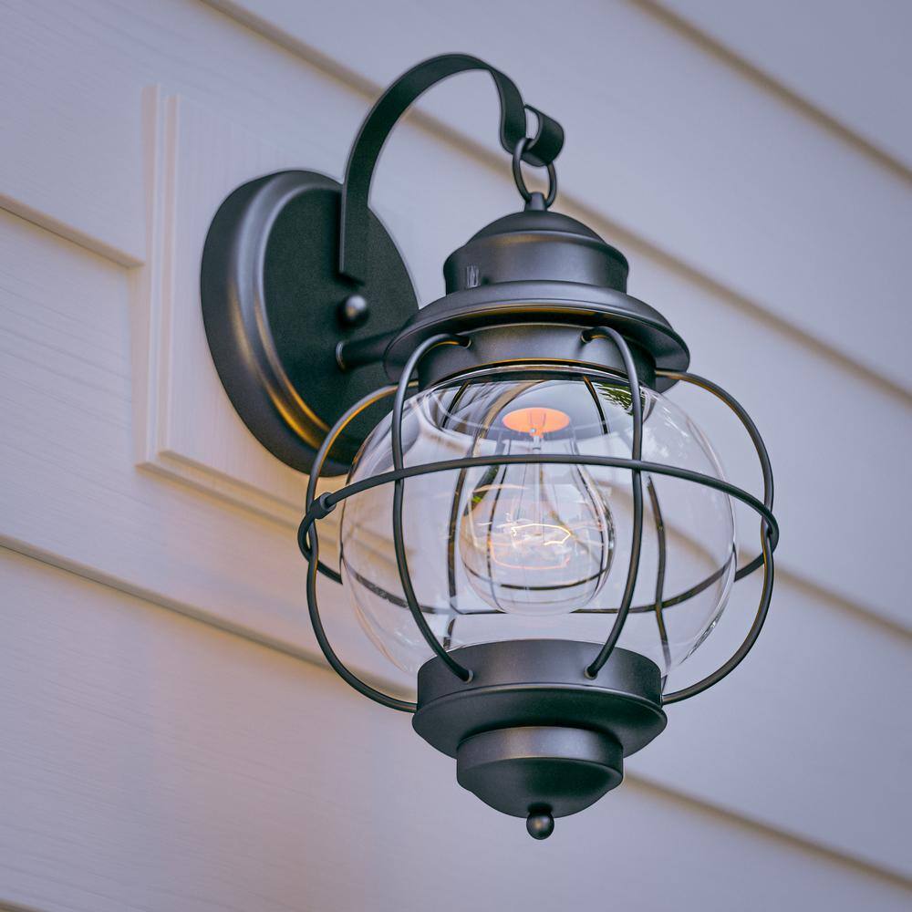 Home Decorators Collection Greer 1-Light Black Exterior Wall Lantern Sconce with Caged Seeded Glass
