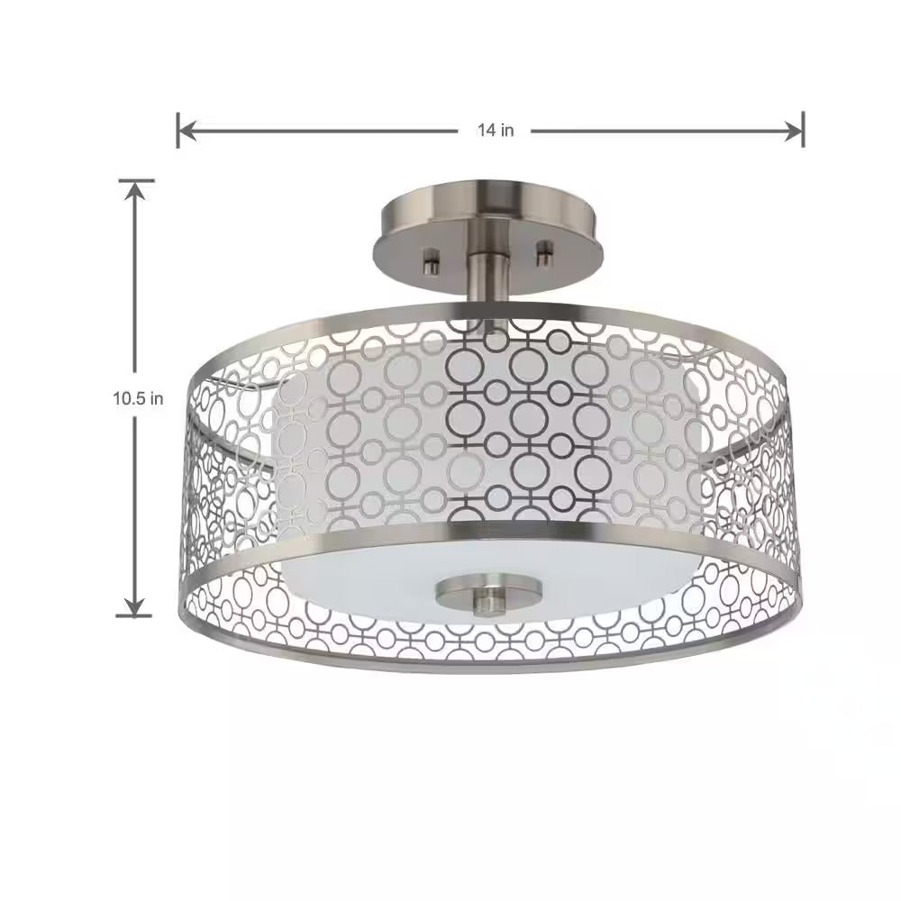 Hampton Bay Toberon 14 in. 1-Light Brushed Nickel LED Semi-Flush Mount with Etched Parchment Glass Shade
