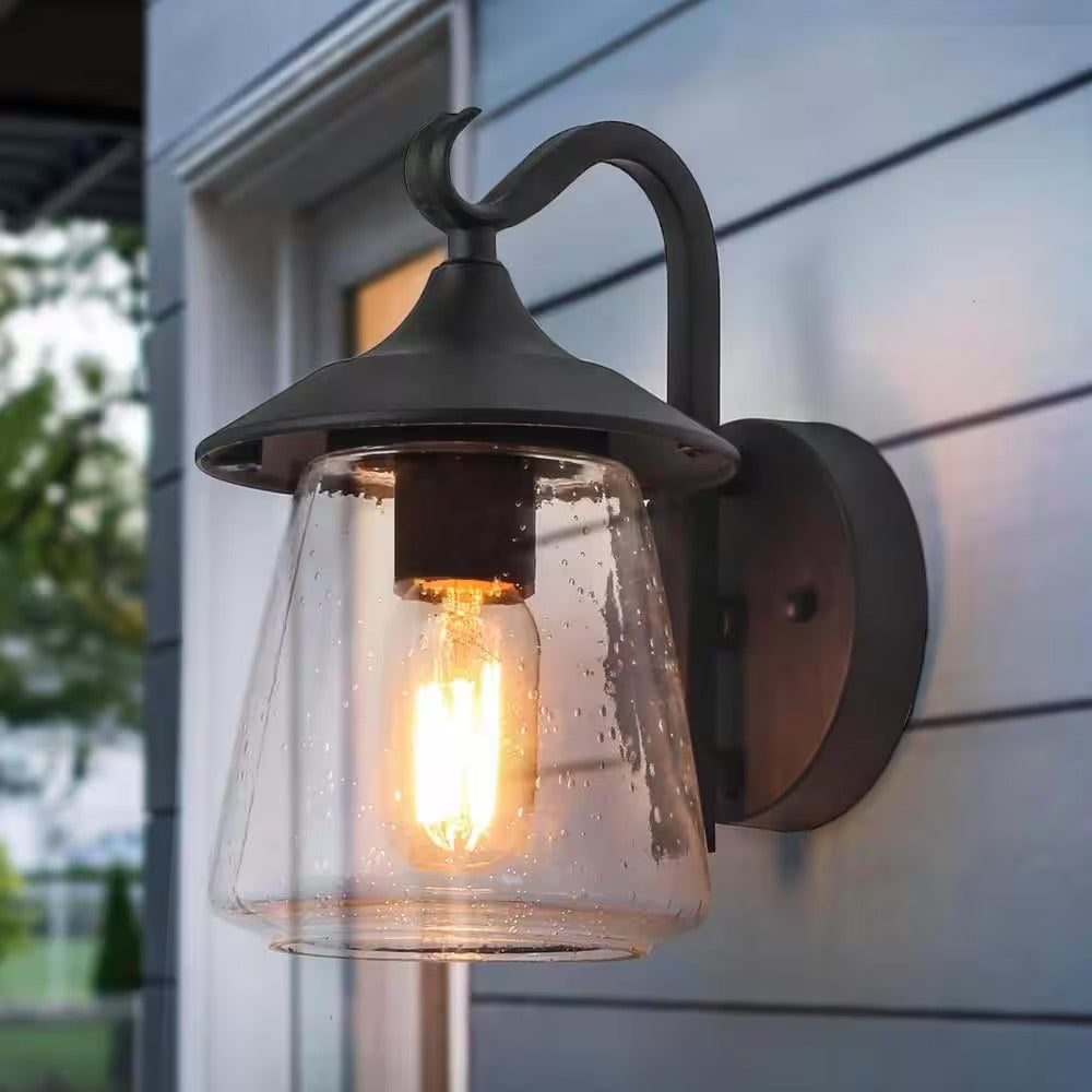 LNC Modern Frosted Black Porch Outdoor Wall Sconce 1-Light Classic Exterior Lantern with Mushroom Clear Seeded Glass Shade