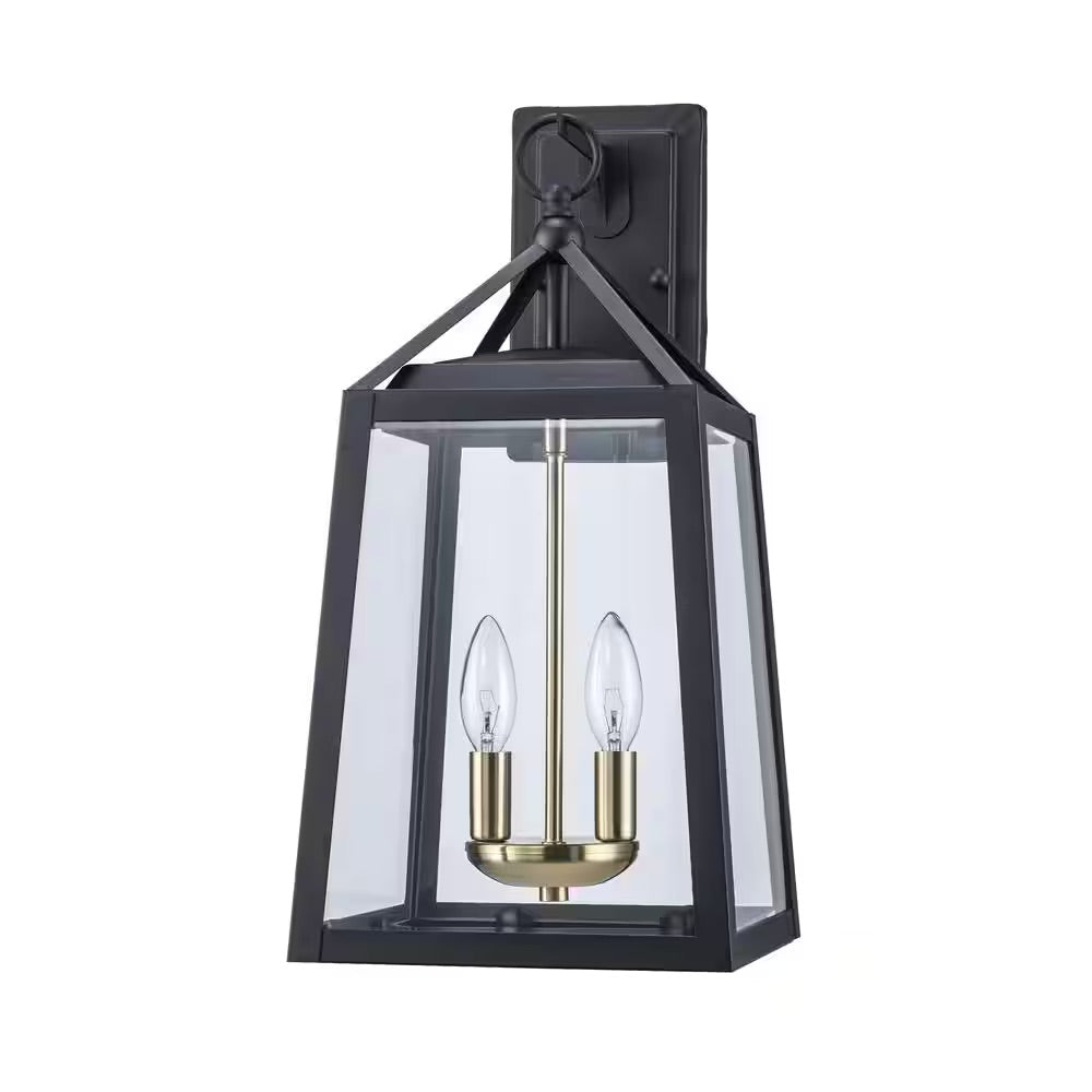 Home Decorators Collection Blakeley Transitional 2-Light Black and Brass Hardwired Outdoor Wall Lantern Sconce with Beveled Glass