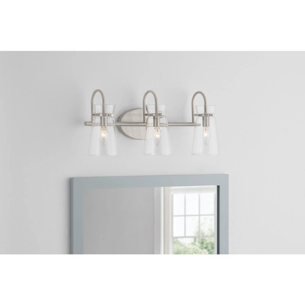 Hampton Bay Vinton Place 22 in. 3-Light Brushed Nickel Bathroom Vanity Light with Clear Glass Shades