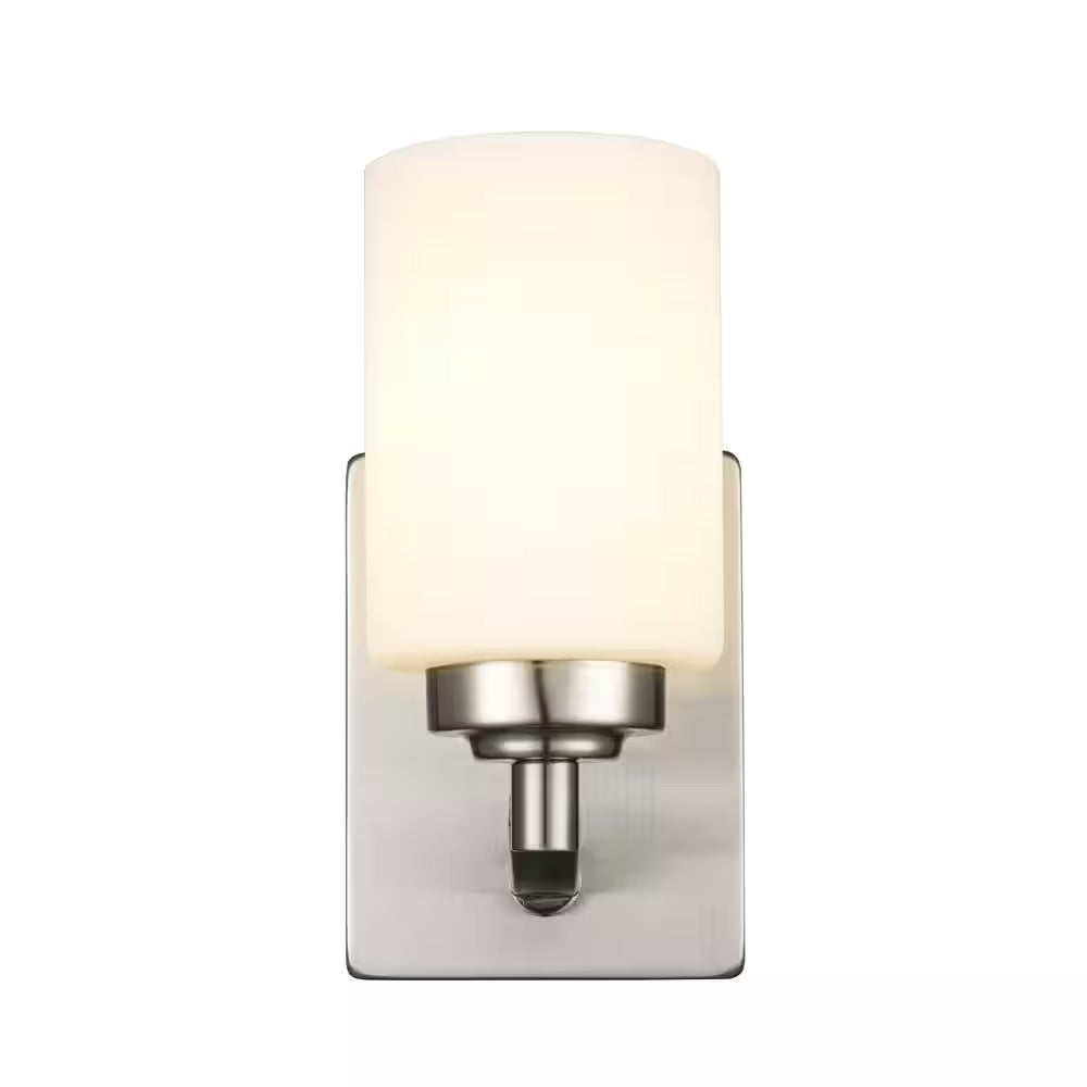 Bel Air Lighting Mod Pod 4.5 in. 1-Light Brushed Nickel Wall Sconce Light Fixture with Frosted Glass Cylinder Shade