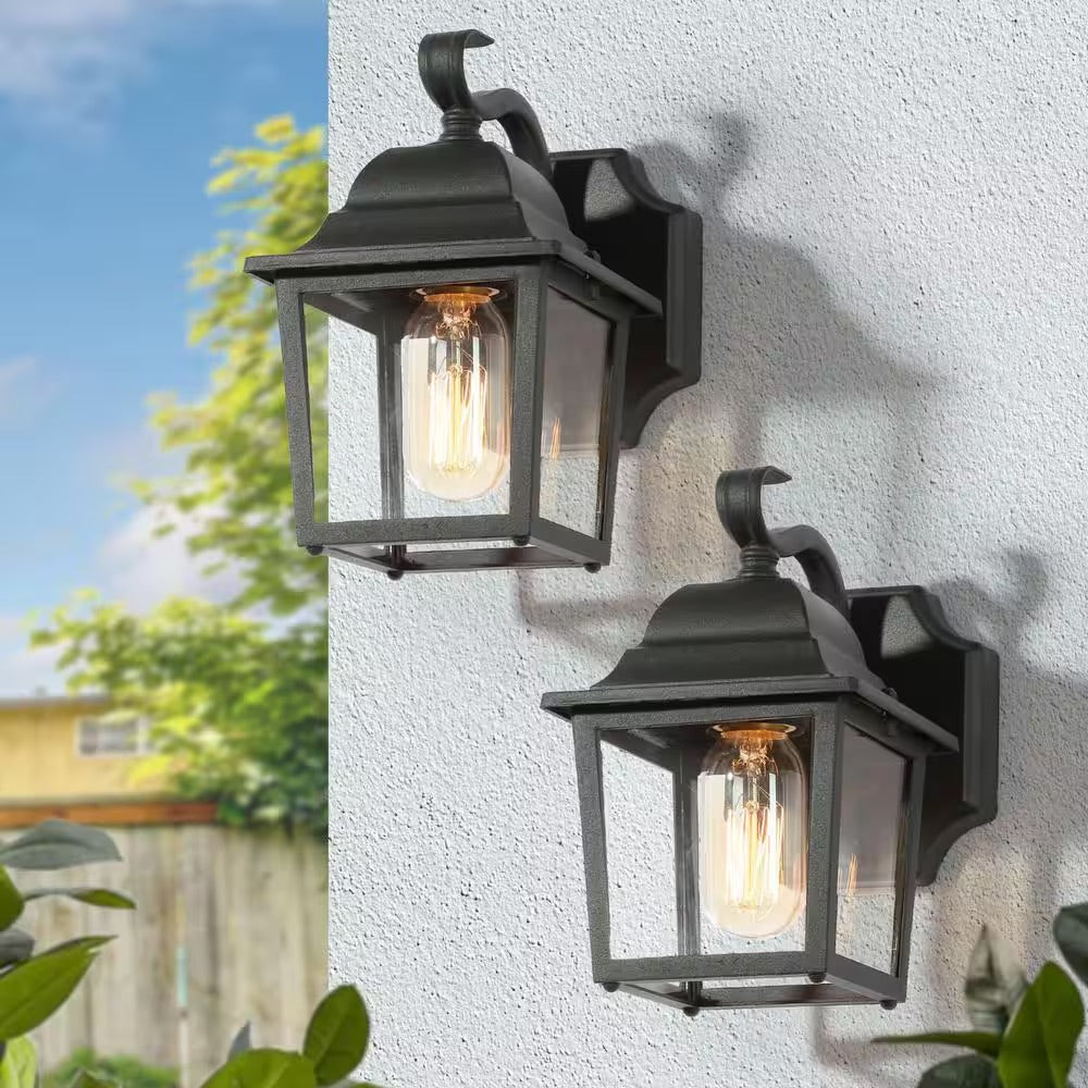 Uolfin Farmhouse Cage Outdoor Wall Lights 1-Light Black Lantern Modern Outdoor Wall Lighting with Clear Glass Shade (2-Pack)
