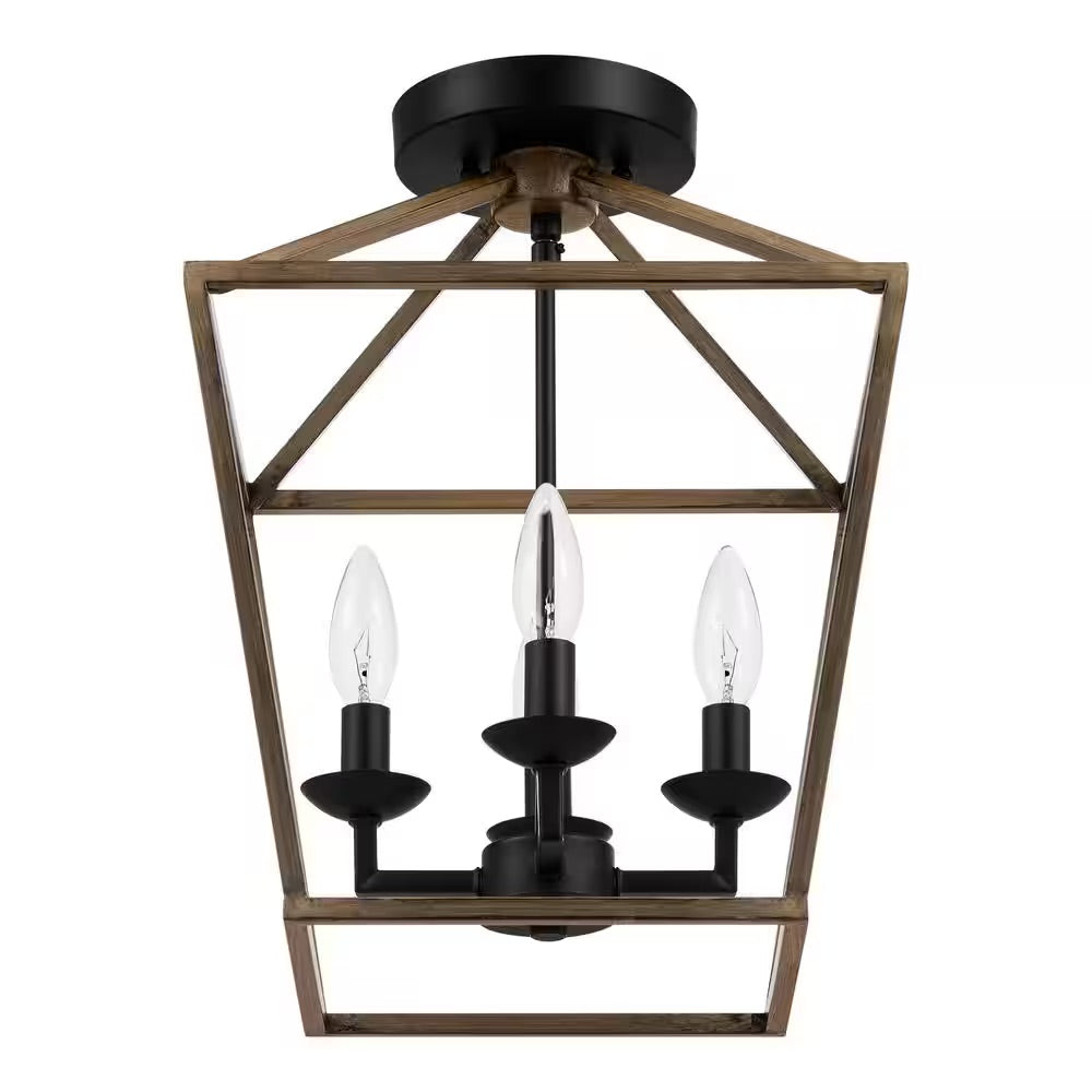 Home Decorators Collection Weyburn 16.5 in. 4-Light Black and Faux Wood Lantern Farmhouse Semi-Flush Mount Kitchen Ceiling Light Fixture