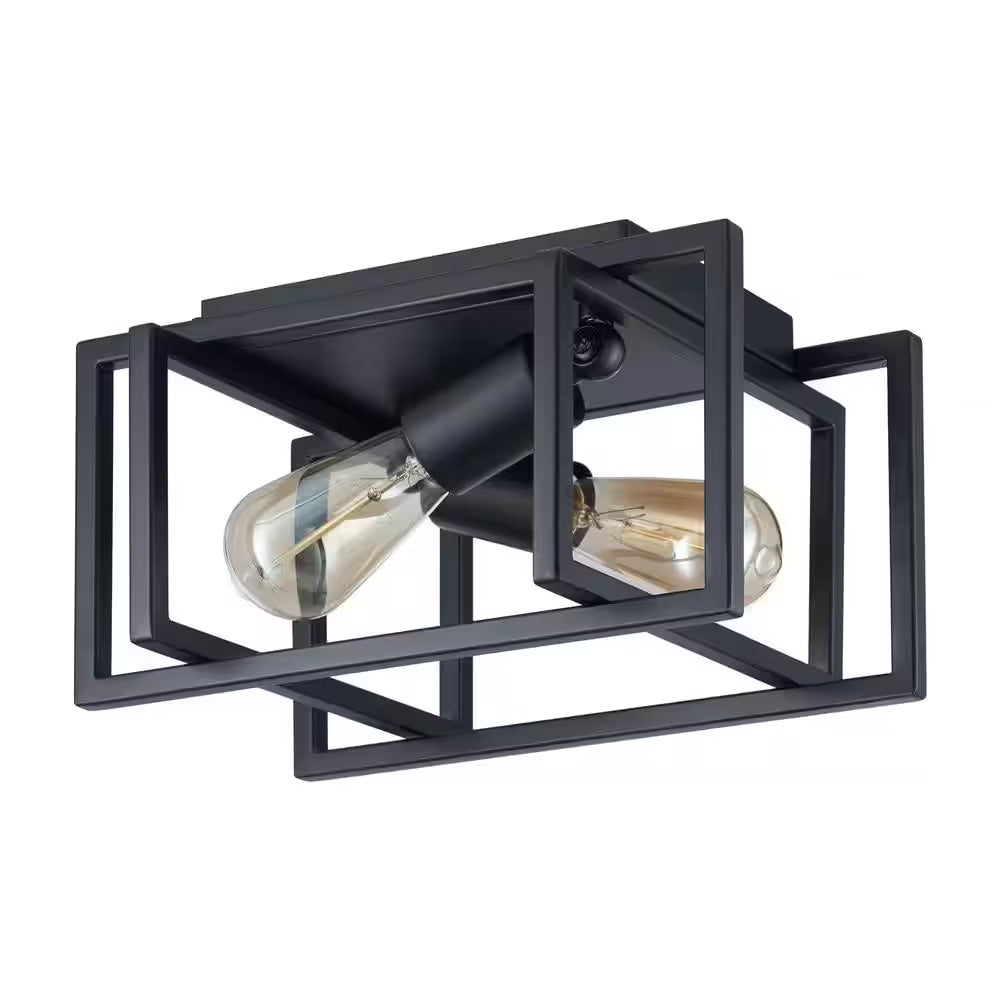 Merra 12 in. 2-Light Matte Black Open Geometric Frame Flush Mount