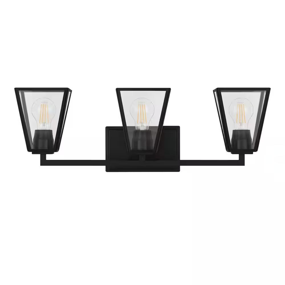 Home Decorators Collection Mackenzie Place 24 in. 3-Light Matte Black Bathroom Vanity Light with Clear Glass Shades