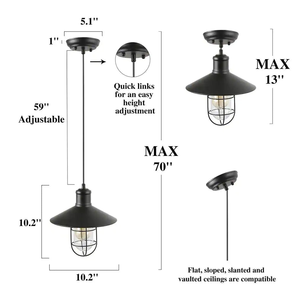 LNC Modern Industrial 1-Light Black Pendant with 10.2 in. W Clear Glass Shade Metal Wire Cage Shade Barn Ceiling Chandelier