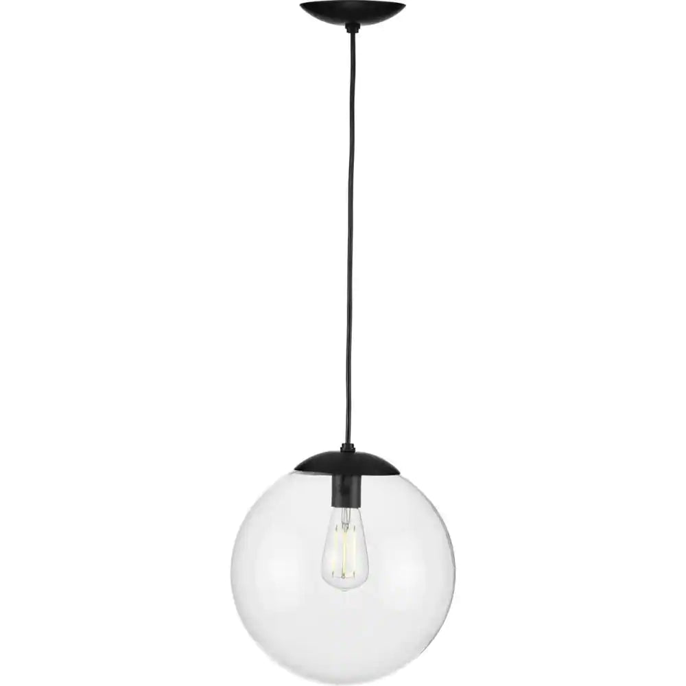 Progress Lighting Atwell 1-Light Matte Black Clear Glass Globe Modern Large Pendant Hanging Light