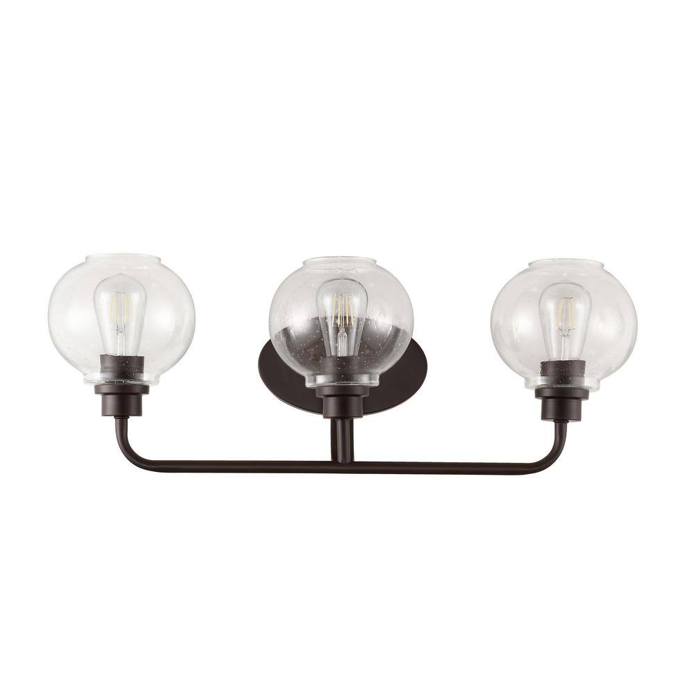 JONATHAN Y Sandrine 26.25 in. 3-Light Oil Rubbed Bronze Iron/Seeded Glass Cottage Rustic LED Vanity Light