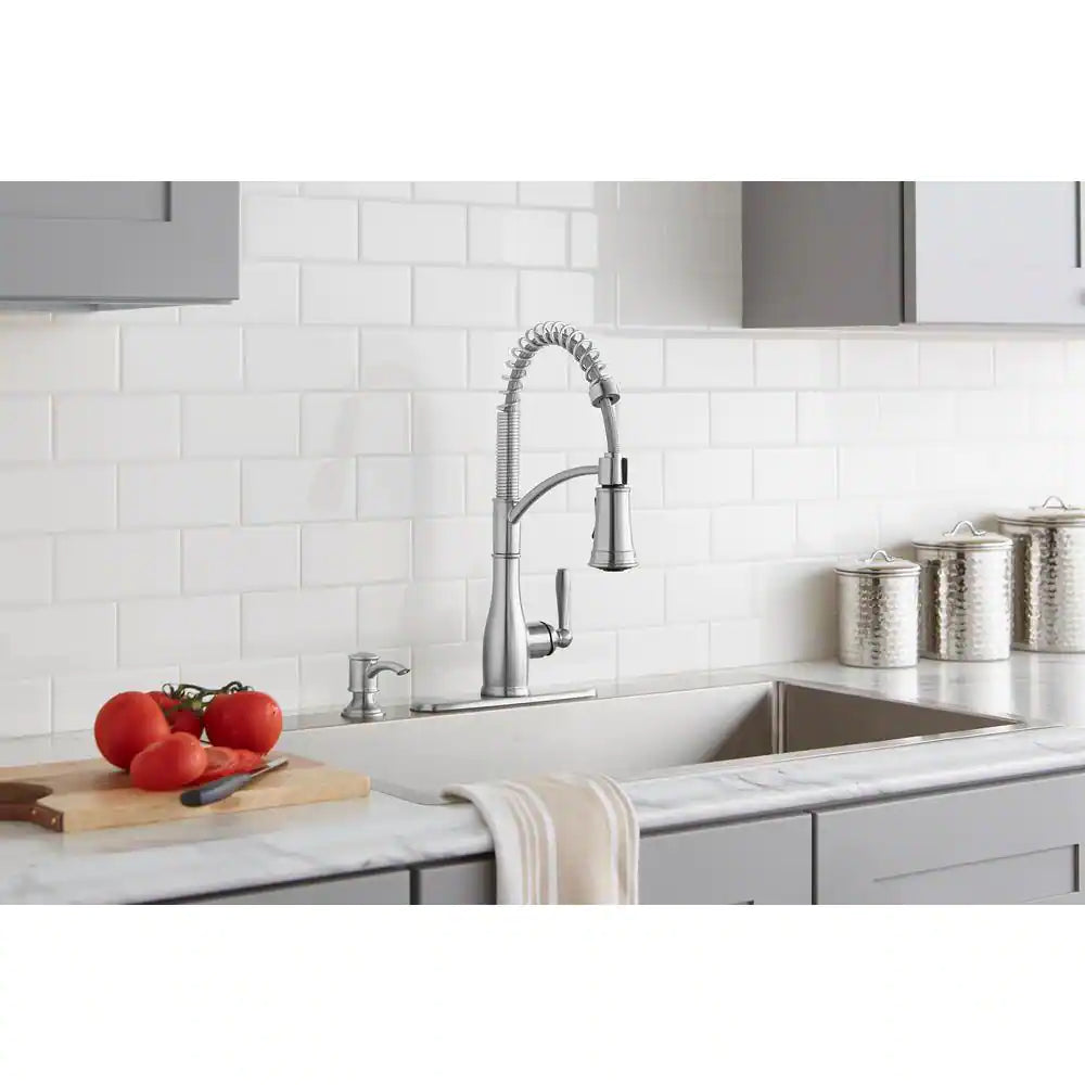 Glacier Bay Mandouri Single-Handle Spring Neck Pull-Down Kitchen Faucet with Soap Dispenser in Stainless Steel