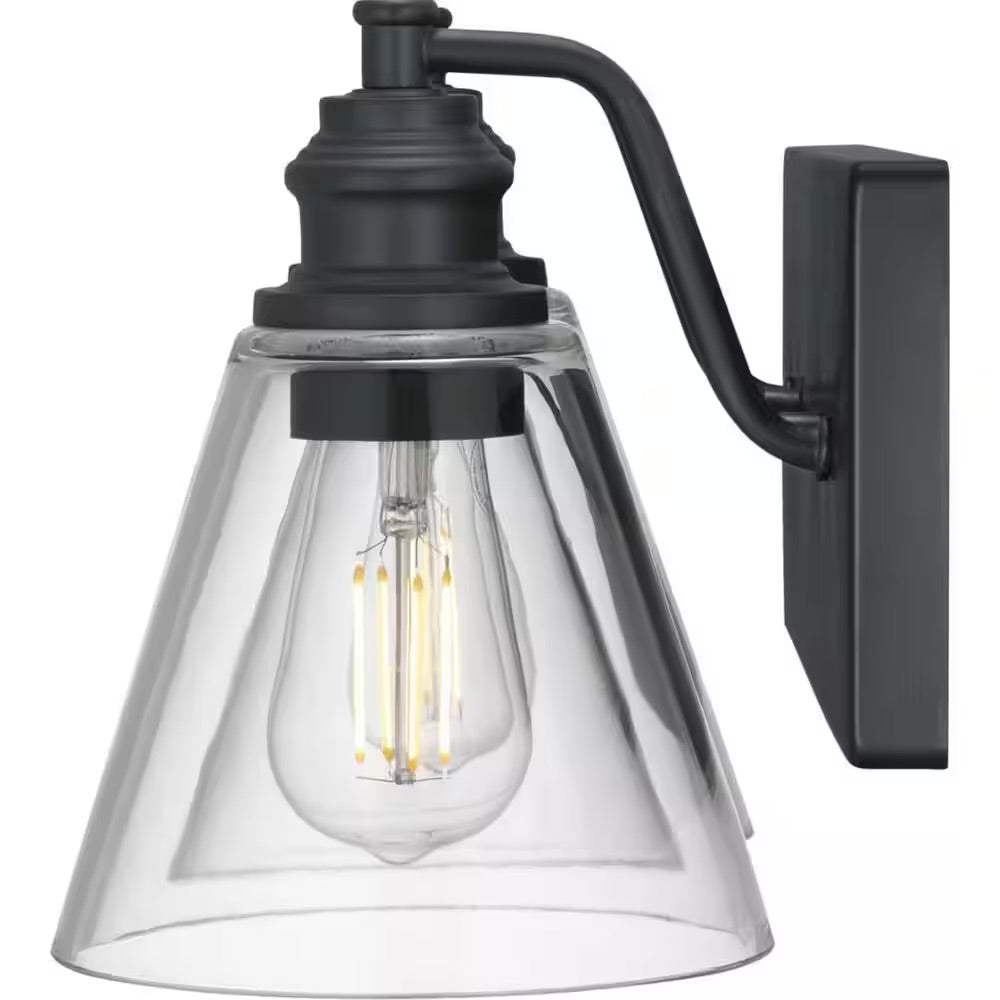 Hampton Bay Manor 15.3 in. 2-Light Matte Black Industrial Bathroom Vanity Light with Clear Glass Shades