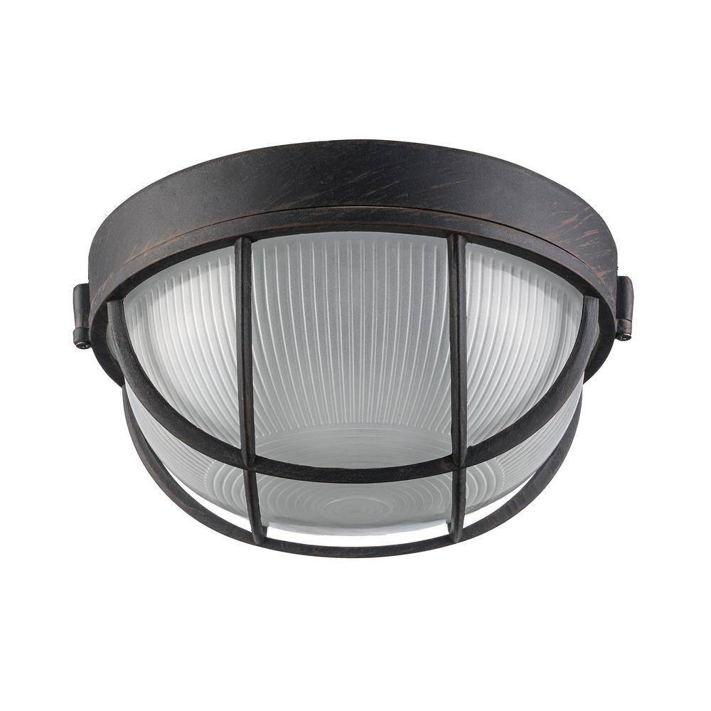 Bel Air Lighting Aria 8 in. 1-Light Rust Round Bulkhead Outdoor Wall Light with Frosted Glass